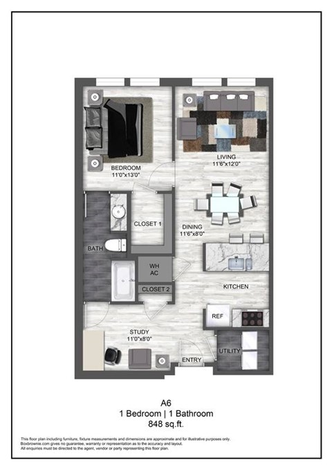 Floor plan for 1 bed, 1 bath, 848 sqft